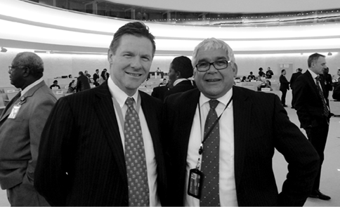 The Australian Permanent Representative to the United Nations at Geneva, Peter R Woolcott (left), and the Australian Aboriginal and Torres Strait Islander Social Justice Commissioner, Mick Gooda, at Australia's appearance before the Universal Periodic Review Working Group, Geneva, 27 January 2011. [Department of Foreign Affairs and Trade/Robyn Hodgkin]