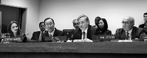 The Australian Permanent Representative to the United Nations, Robert Hill (second right), participating with the head of the New York Office of the UN Institute for Training and Research, Dr Colleen Thouez (left), the Secretary-General, Ban Ki-moon (second left), and the Ambassador of Ecuador to the United States, Luis Gallegos (right), in a seminar on the 'Convention on the Rights of Persons with Disabilities: Dignity and Justice for all of Us', New York, 3 December 2008. [UN Photo/Paulo Filgueiras]