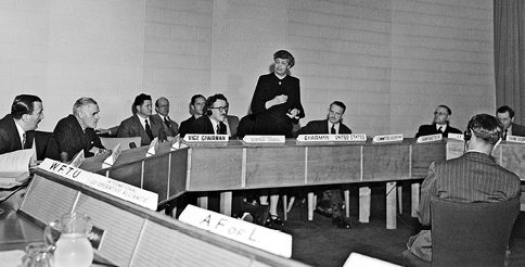 The Australian Ambassador to Paris and Representative at the United Nations, William R Hodgson (second left), attends the first meeting of the Drafting Committee on the International Bill of Rights of the Human Rights Commission, New York, 9 June 1947. From left to right: Hernán de Santa Cruz (Chile); Hodgson; UN Assistant Secretary-General for Social Affairs Henri Laugier (France); Chair of the Committee, Eleanor Roosevelt (United States); Committee Secretary, Professor John P Humphrey (Canada); Professor