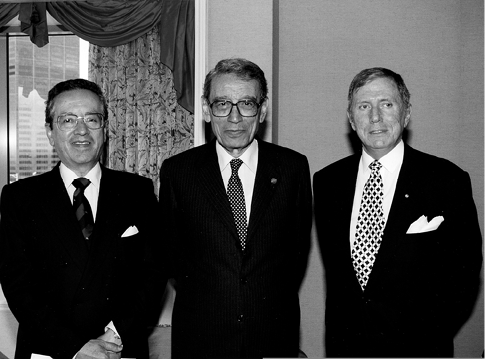 The UN High Commissioner for Human Rights, José Ayala Lasso (left), and the UN Secretary-General, Boutros Boutros-Ghali (centre), meet with Justice Michael Kirby during their visit to Australia, April 1995. [Department of Foreign Affairs and Trade]