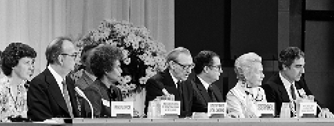 The World Conference of the UN Decade for Women (1976–1985) meets in Copenhagen, 14 to 30 July 1980. Left to right: Principal Officer, Secretariat of the Conference, Elizabeth Reid (Australia); Under Secretary-General, Department of International Economic and Social Affairs, Jean Ripert; Secretary-General of the Conference, Lucille Mair (Jamaica); UN Secretary-General Kurt Waldheim; Assistant Secretary-General, Office of Secretariat Services for Economic and Social Matters, Diego Cordovez; Assistant Secr