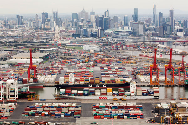 Shipping containers on the docks at the Port of Melbourne, Victoria