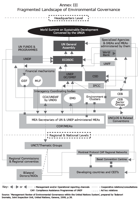 A diagram showing the fragmented landscape of environmental governance from the World Summit on Sustainable Development Convened by the UNGA