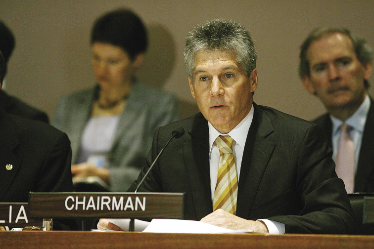 The Australian Minister for Foreign Affairs, Stephen Smith (second right), accompanied by the Secretary of the Department of Foreign Affairs and Trade, Michael L'Estrange (right), addressing a high-level ministerial meeting to launch a Joint Ministerial Statement of Support for the Comprehensive-Test-Ban Treaty, New York, 24 September 2008. [UN Photo/Evan Schneider]