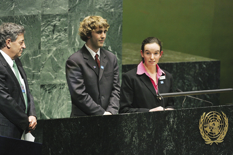 The Australian Youth Representative, Catherine Maher (right), addresses a high-level meeting of the 62nd Session of the General Assembly on the follow-up to the Outcome of the Special Session on Children: 'A World Fit for Children +5', accompanied by fellow representative, Mikael Dunlop (centre), and the Australian Permanent Representative to the United Nations, 2006 to 2009, Robert Hill, New York, 12 December 2007. [UN Photo/Eric Kanalstein]