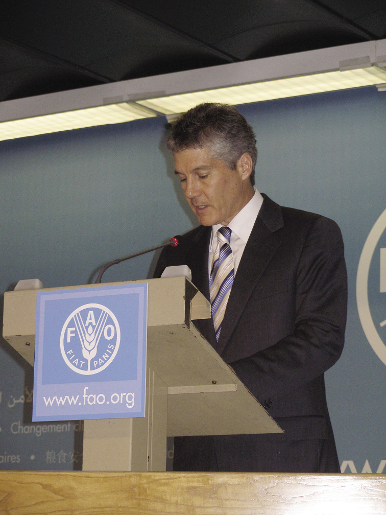 The Australian Minister for Foreign Affairs, 2007 to 2010, Stephen Smith, delivers a statement at the Food and Agriculture Organization High-level Conference on Food Security, Rome, 4 June 2008. [Department of Foreign Affairs and Trade]