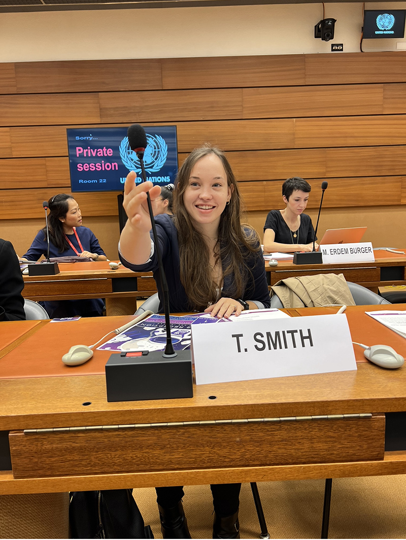 Tahlia Smith sitting at a desk participating in the United Nations Outer Space Security Conference