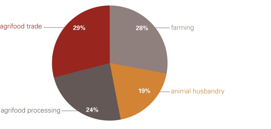 Chinese direct investment in Australian agriculture is divided between agrifood trade 29 per cent, farming 28 per cent, agrifood processing 24 per cent and animal husbandry 19 per cent.