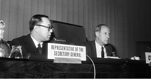 The Australian Chairman of Committee, Professor Kenneth Bailey (right), and the acting Representative of the UN Secretary-General, Yuen-li Liang, during a meeting of the First Committee (Territorial Seas and Contiguous Zones) of the UN Conference on the Law of the Sea, Geneva, March 1958. [UN Photo/ES]