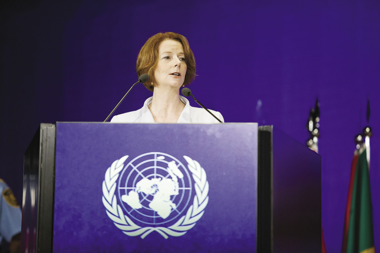 The Australian Prime Minister, Julia Gillard, addresses the plenary session of the UN Rio+20 Conference on Sustainable Development at which world leaders gathered for talks on poverty reduction, social equity and environmental protection, Rio de Janeiro, 21 June 2012. [UN Photo/Guilherme Costa]