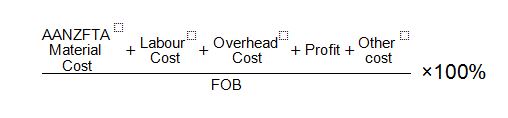 AANZFTA material cost plus labour cost plus overhead cost plus profit plus other cost over FOB multiplied by 100 per cent