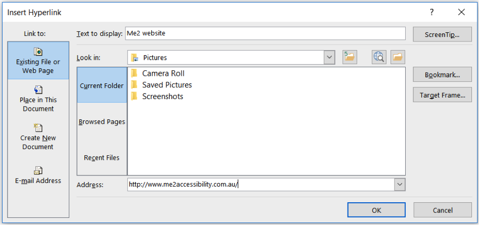 Screen shot of the insert hyperlink window