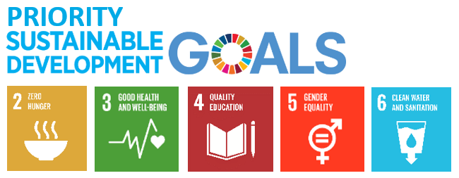 Sustainable Development Goal 2, Zero Hunger, Goal 3, Good Health and Wellbeing, Goal 4, Quality Education, Goal 5, Gender Equality, Goal 6, Clean Water and Sanitation.
