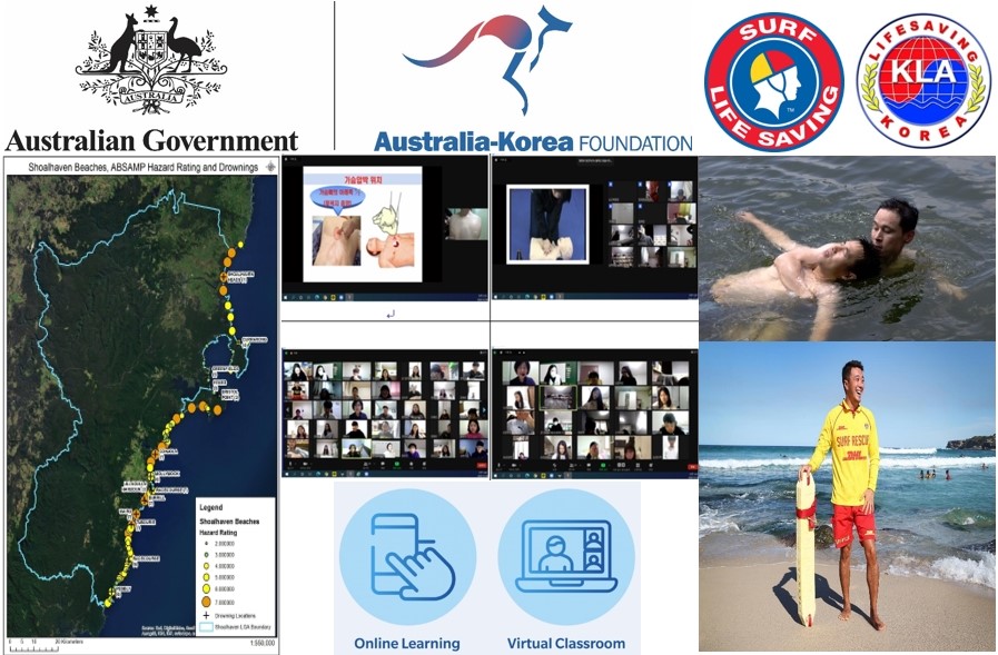 A collage of pictures showing Korean Lifesaving Association CPR class online, an example of a Beach Hazard rating and a picture of an Australian-Korean Lifesaver. 