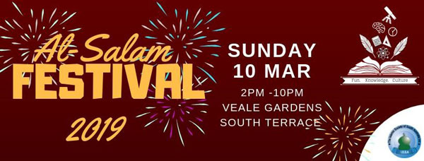 Flyer for the Al Salam Festival, Veale Gardens, 2pm to 10pm, Sunday 10 March 2019.