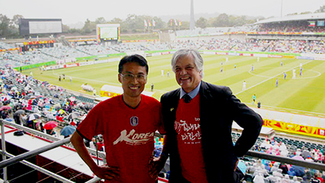 ROK Embassy Counsellor Jeong Woo Jin and John Pilbeam, Director, Korean Peninsula and Mongolia Section, Department of Foreign Affairs and Trade, in the Canberra Stadium as Korea progresses to the second round of the Asian Cup with a close win over Kuwait.