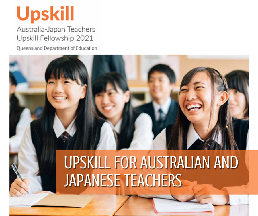 Photo of a class of Japanese students smiling with caption 'Upskill for Australian and Japanese Teachers' in image. 