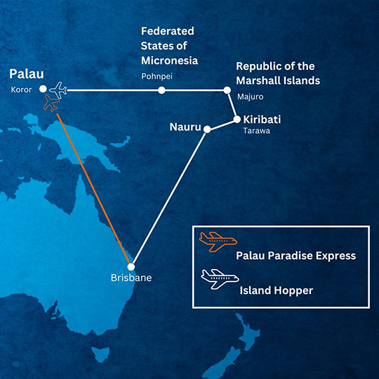 Map of Palau Paradise Express route (Brisbane-Koror) and Island Hopper route (Brisbane-Nauru-Tarawa-Majuro-Pohnpei-Palau).