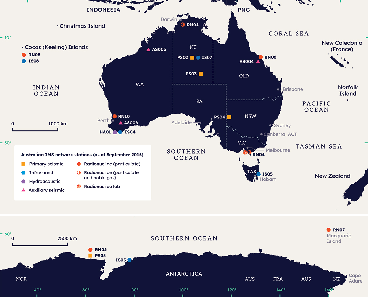 A map showing the location of Australia's IMS stations. List of locations is below.