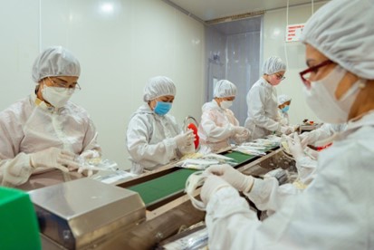 5 women in medical gear working in laboratory production line.