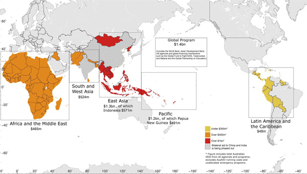 map showing regional distribution of Australian aid in 2012-13