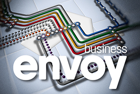 text: business envoy, coloured lines arranged to represent a circuit board