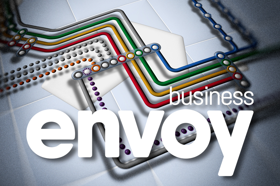 Text business envoy over coloured lines in a pattern similar to a circuit diagram.