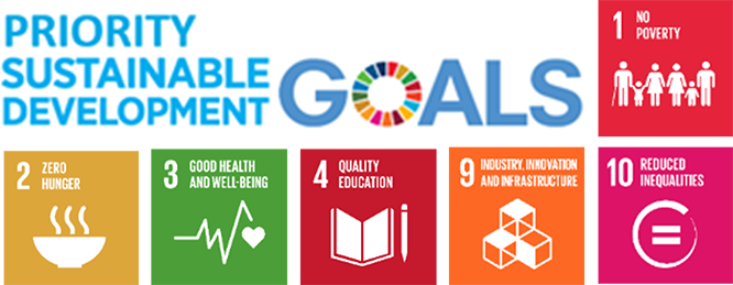 Priority Sustainable Development Goals Sustainable Development Goal 1, No poverty. Sustainable Development Goal 2, Zero hunger. Sustainable Development Goal 3, Good Health and Wellbeing. Sustainable Development Goal 4, Quality Education.  Sustainable Development Goal 9, Industry, Innovation and Infrastructure. Sustainable Development Goal 10, Reduced inequalities.