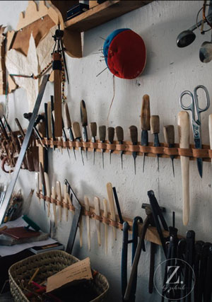 Photo of tools in a workshop in Morocco for traditional book binding