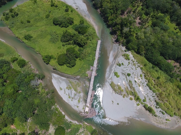 Aerial photograph of damaged bridge