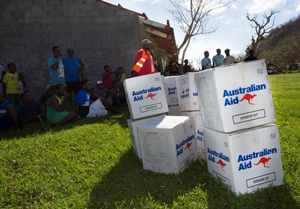 Australian Aid boxes on the ground in Vanuatu