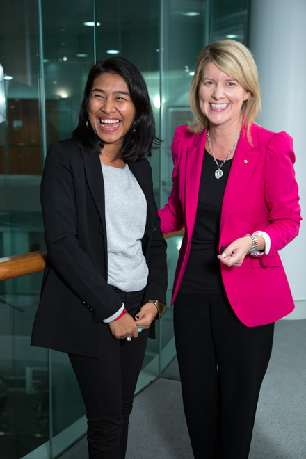 Fitria Sofyani was reunited with the Ambassador for Women and Girls, Natasha Stott Despoja, during her 2014 Elizabeth O'Neill Award visit to Australia. They had previously met in Jakarta. Photo: Rob Keating, DFAT