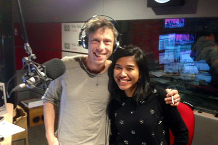 Fitria Sofyani, Features Editor, Marie Claire Indonesia, at the Hobart ABC radio studio with morning announcer Ryk Goddard. Fitria had her four-minute interview extended to 15 minutes. Photo: ABC Hobart