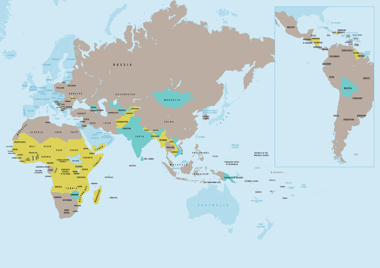 Global map indicating which countries are assisted by each World Bank body.