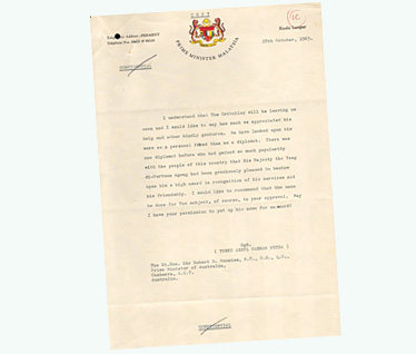 Photo of a letter from Tunku Abdul Rahman to Robert Menzies.