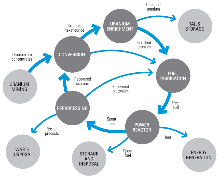 
Figure 2: Civil Nuclear Fuel Cycle
Uranium mining eventually produces uranium ore concentrates. 
Uranium ore concentrate is sent to a Conversion facility where it is further purified and into a suitable form for fuel fabrication (for reactors using natural uranium fuel) or uranium hexafluoride for low enriched fuel.
The uranium hexafluoride is sent to an enrichment facility for Uranium Enrichment, from which the enriched uranium is sent to fuel fabrication and the depleted uranium, or tails, is sent to storage.
Enriched or natural uranium (depending on the reactor type) is fabricated into fresh fuel in a Fuel Fabrication facility. 
The fresh fuel is then sent to a Power Reactor to Generate Electricity.
Once the nuclear fuel has completed its useful time in the Power Reactor, the Spent Fuel is sent to Storage and Disposal as waste, or to a Reprocessing facility. 
Reprocessing separates out the uranium and plutonium that can be reused in new nuclear fuel from the fission products that were degrading the operation of the Power Reactor. 
The fission products are sent for Waste Disposal. 
Recovered uranium and plutonium is sent back to a Conversion to begin again the cycle of fabricating fuel for power reactors. 
