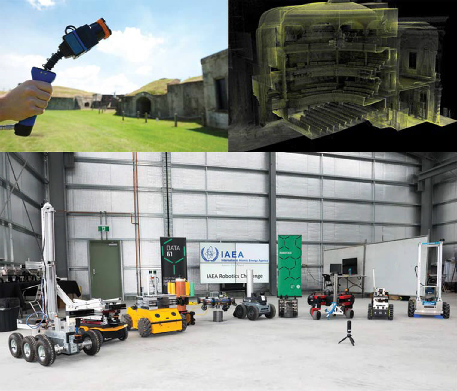 Top left: The Zebedee – a hand-held 3D laser mapping device developed by CSIRO, which the IAEA uses in nuclear safeguards inspections. 