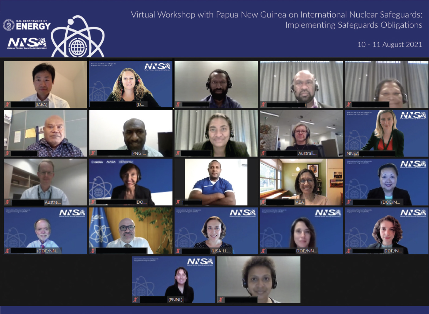 ASNO officers participating at virtual workshop with Papua New Guinea on International Nuclear Safeguards: Implementing Safeguards Obligations, 10–11 August 2021 hosted by the US DOE. (Image courtesy of DOE/NNSA INSEP)