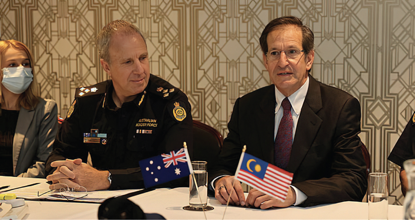 Dr John Kalish, Assistant Secretary ASNO (on the right) making opening remarks at the OPCW Australia-Malaysia Partnership Program meeting in Canberra, March 2022. (Image courtesy of DFAT)