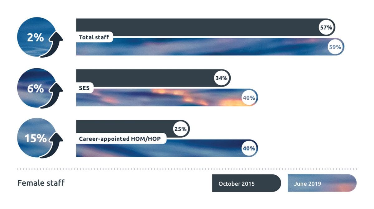 Infographic depicting the percentage of female staff in the department in the Senior Executive Service (SES) and as career appointed Heads of Mission or Post (HOM/HOPs) in June 2019, compared to October 2015