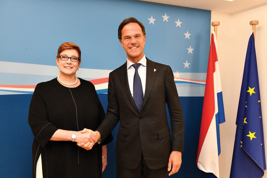 Minister for Foreign Affairs Senator Marise Payne and Dutch Prime Minister Mark Rutte meeting at the Asia-Europe Meeting in Brussels [DFAT/Frederic Guerdin]