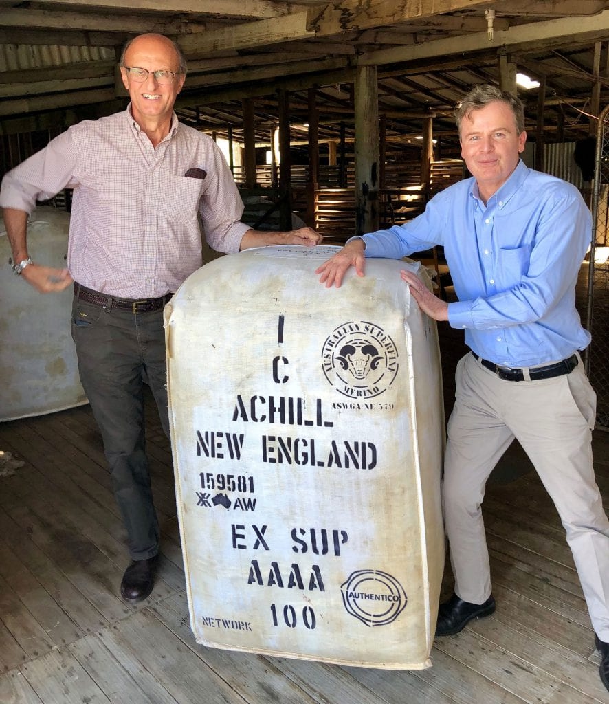 Australian Ambassador to Italy Greg French with Paolo Zegna inspecting wool at Archill Farm in Armidale, New South Wales [Australian Embassy Rome]