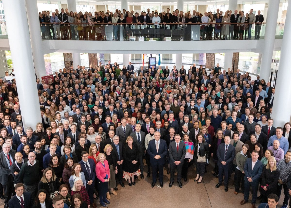 Prime Minister Scott Morrison with DFAT staff in Canberra [DFAT/Nathan Fulton]