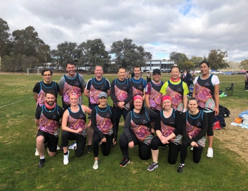 Group photo of DFAT NAIDOC 2019 APS Touch Football Carnival team. 