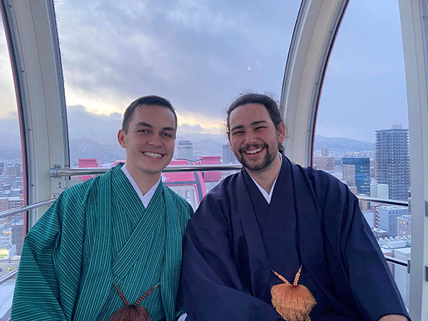 Two men dressed in traditional Japanese robes 