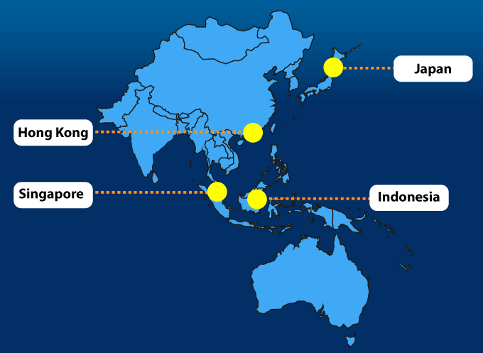 Map highlightling the New Colombo Plan pilot countries: Indonesia, Singapore, Hong Kong and Japan