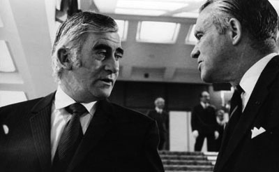 Australia's Treasurer B.M. Sneddon and Emile van Lennep, OECD Secretary General, at Australia's second Ministerial Council Meeting in 1972.