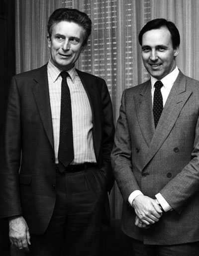 OECD Secretary General Jean-Claude Paye (left) during his official visit to Australia with Paul Keating, Australian Treasurer in 1985.