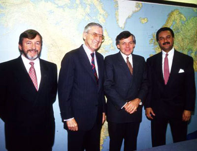 (left to right) — Peter Cook, Australian Trade Minister, Lloyd Bentson, US Secretary of the Treasury, John S. Dawkins, Australian Treasurer, Ronald Brown, US Secretary of Commerce.