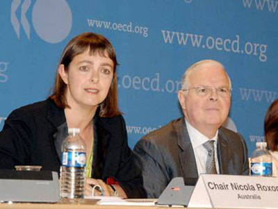 OECD 2010 Forum and Ministerial Meeting on Health. Nicola Roxon, Australian Minister for Health and Ageing chaired the Forum session on Quality Care. (Left) John Martin, OECD Director for Employment, Labour and Social Affairs.